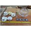 Image 1 : Depressed Glass Cake Tray, Coasters, Teacups and Saucers, Decanter and Cup