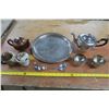 Image 1 : Silver Colored Tray, Metal Teapot, creamer cup and sugar bowl, ceramic teapot, creamer cup and sugar