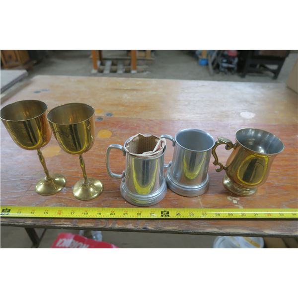 2 Metal Wine Glasses and 3 Metal Beer Mugs