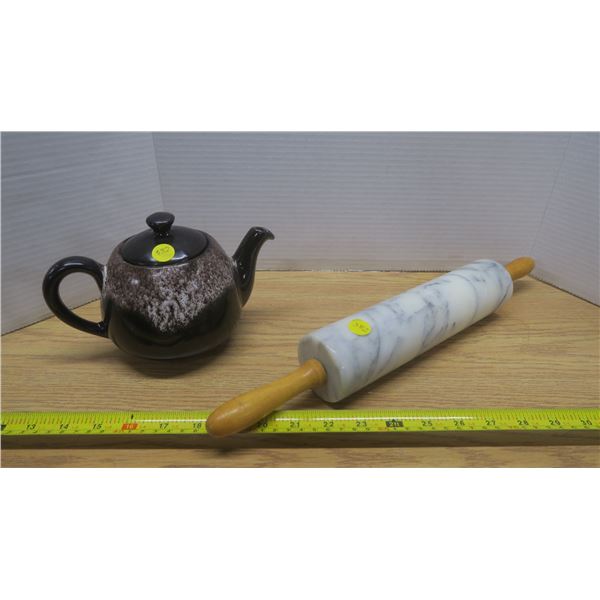 Ceramic Teapot and Marble Rolling Pin