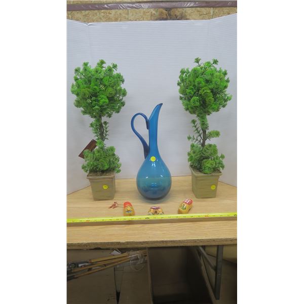 Misc. Decorations, Blue Glass Pitcher, Trees, and More