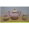 Image 1 : Pink and Gold Colored Teapot, Cream, and Sugar