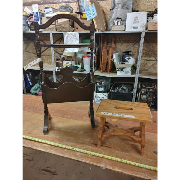 Vintage Magazine Rack And Wooden Stepping Stool