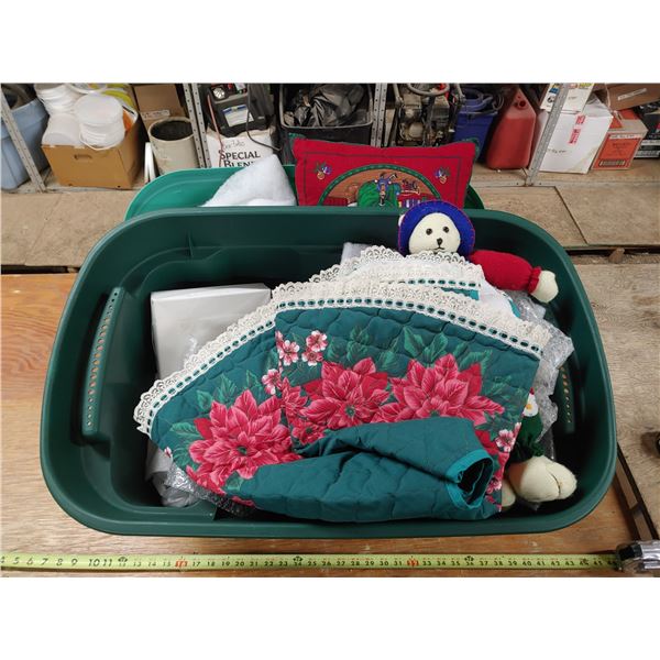 Large Tote of Christmas Decorations Including Ceramic Village