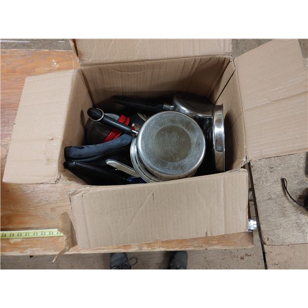 Box of Misc. Kitchen Items, Pots Pans Etc.