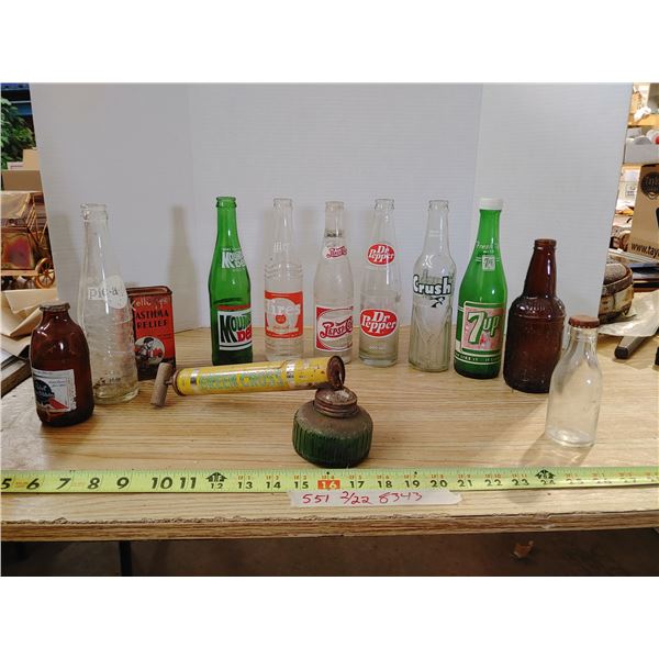 Lot of Misc. Vintage Bottles, Tin, and Pesticide Applicator