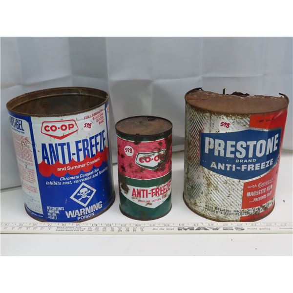 3 anti-freeze Tins (1 Imperial gallon co-op Tin, 1 imperial gallon Prestone brand, 1 co-op Tin)