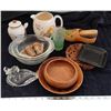 Image 1 : 2 pyrex, Japan pitcher, wooden trivets & misc. items