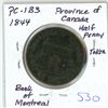 Image 1 : 1844 PC-1B3 Province of Canada Half -Penny Token