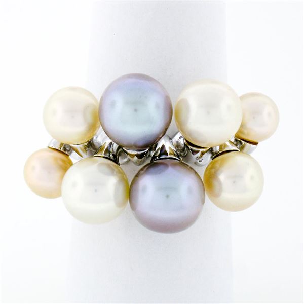 18k White Gold White Beige Light Gray Pearl Wide Band Cluster Cocktail Ring Sz 7