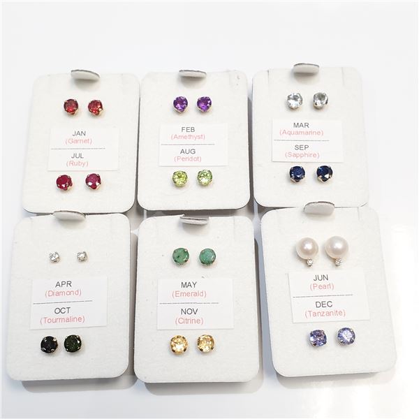 $2400 14K Set Of 12 Month With Genuine Gemstone Including Diamonds Earrings