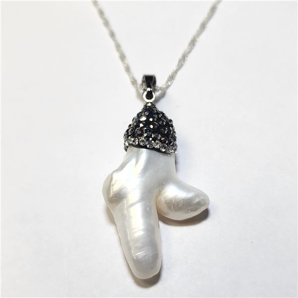 $160 Silver Freeform Fresh Water Pearl With Crystal 16" Necklace