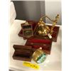 Image 1 : Group of assorted new antique reproduction items include : brass wall bell/compass/ table clock/wood