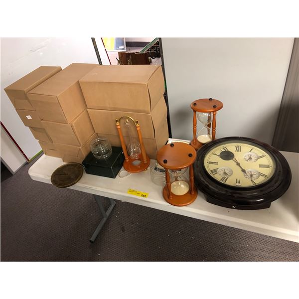 Group of assorted new antique reproduction items include : sandtimers/storm glasses/ wall clock/baro