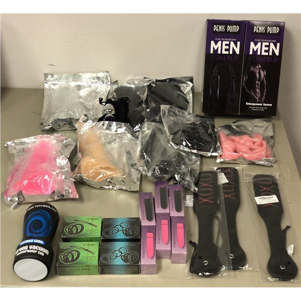 Group of new assorted sex toys & accessories - includes 3 double leather paddles/ 4 packs of silicon