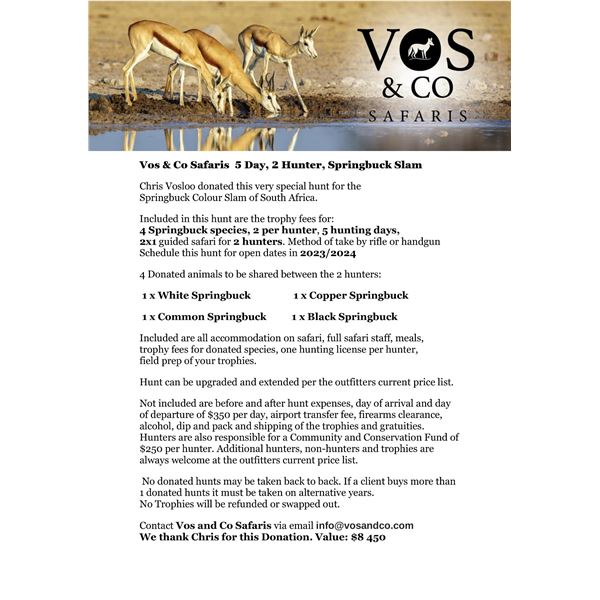 South Africa 4 Springbuck species, 2 per hunter, 5 hunting days.