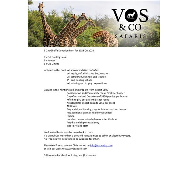 Giraffe Hunt 5 Days - 1 hunter Hunt will be on 60,000 acres near Kimberley in the Northern Cape