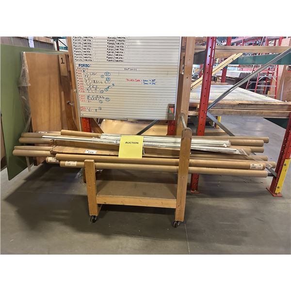 MOBILE 2 TIER WOOD PRODUCT CART AND CONTENTS OF ASSORTED ALUMINUM FINISHING