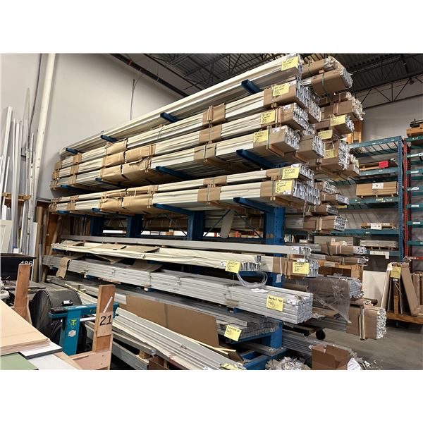 4 SECTION MULTI LEVEL CANTILEVER PRODUCT STORAGE RACK WITH 4 - 16' UPRIGHTS, 48 - 3' ARMS AND SAFETY