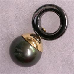 14K GOLD 11 MM BLACK TAHITIAN PEARL AND HEMATITE UNISEX PENDANT