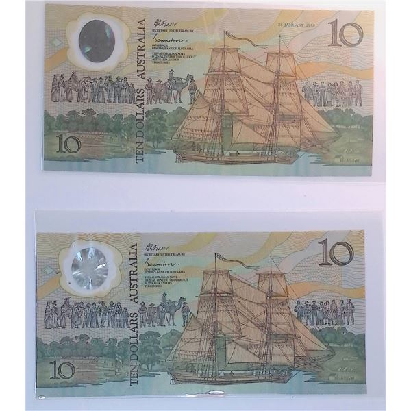 Australia, 1988, Set of 2, AA & AB Prefix pair, $10 commemorative, VF & EF condition. The first laun