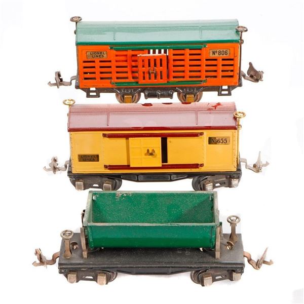 Lionel Prewar Freights: 655 Box Car, 659 Dump Car, 806 Stock Car