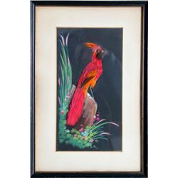Red Bird, Collage Painting with Feathers