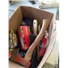 Image 3 : BOX OF TOOLS, HATCHET, COMPRESSION TESTER AND MORE