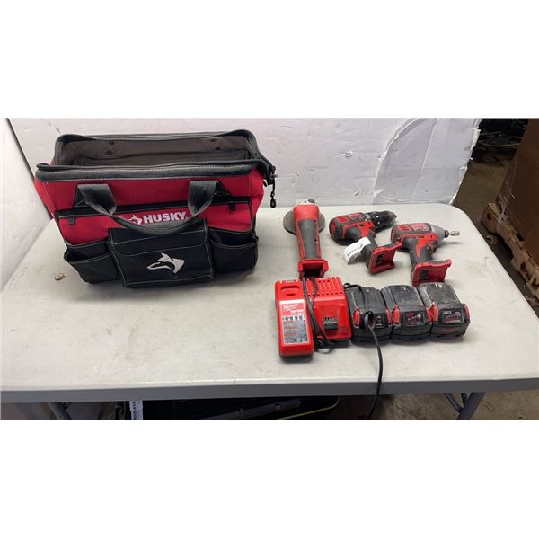 MILWAUKEE M18 CORDLESS TOOL SET, CUT OFF/GRINDER, HAMMER DRILL AND IMPACT DRIVER, XC5.0, XC4.0 AND X