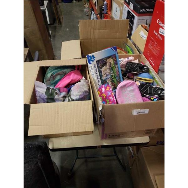 3 BOXES OF KIDS ITEMS, BACKPACKS, ETC