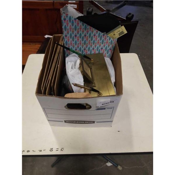 BOX OF CLIPBOARDS, OFFICE SUPPLIES, BRASS DESK CLOCK WITH PEN STANDS AND CALCULATORS