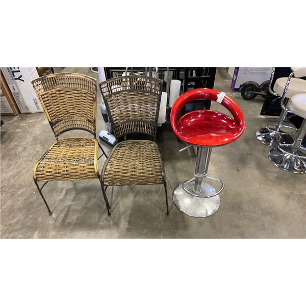 2 WICKER CHAIRS AND GAS LIFT STOOL