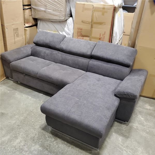 BRAND NEW 2 PC SECTIONAL GREY FABRIC W/ STORAGE AND PULL OUT BED RETAIL $2699