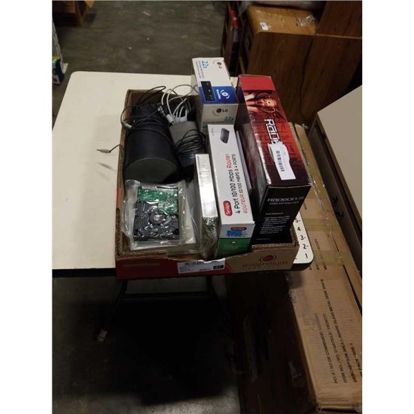 BOX OF COMPUTER ELECTRONICS INCLUDING RADEON RV100 GRAPHICS CARD, ROUTER, DVD REWRITER