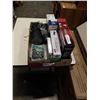 Image 1 : BOX OF COMPUTER ELECTRONICS INCLUDING RADEON RV100 GRAPHICS CARD, ROUTER, DVD REWRITER