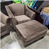 Image 1 : BRAND NEW BROWN FABRIC ARM CHAIR AND OTTOMAN - RETAIL $899