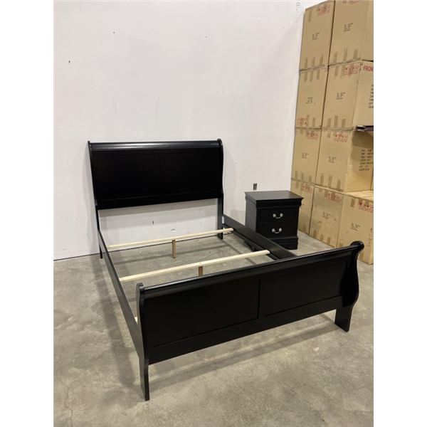 NEW QUEEN SIZE BLACK AVENZA BEDFRAME AND NIGHT STAND