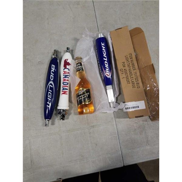 4 BEER TAP HANDLES - 2 BUD LIGHT, MOLSON CANADIAN AND MILLER GENUINE DRAFT BOTTLE TAP