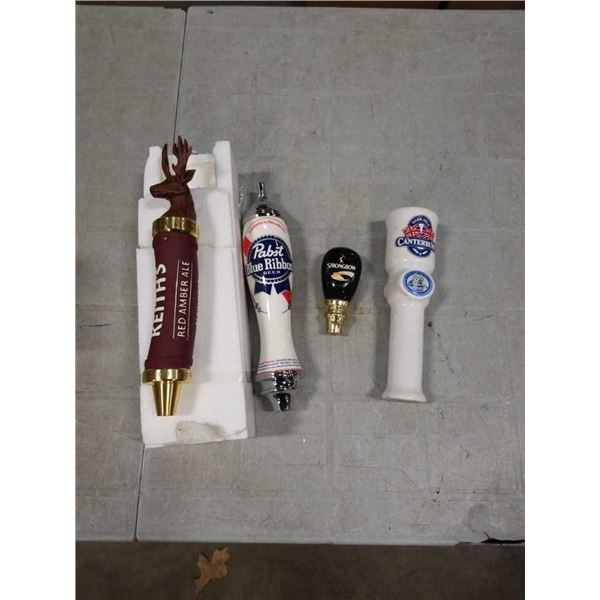 4 BEER TAP HANDLES - KEITH RED TALL TAP, PABST BLUE RIBBON, CANTERBURY AND STRONGBOW