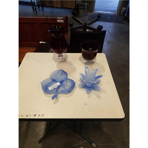 2 RUBY GLASS VASES WITH FROSTED BOWL AND PLATE