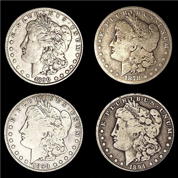 (4) Morgan Silver Dollars 1878, 7TF, 1898-S, 1890
