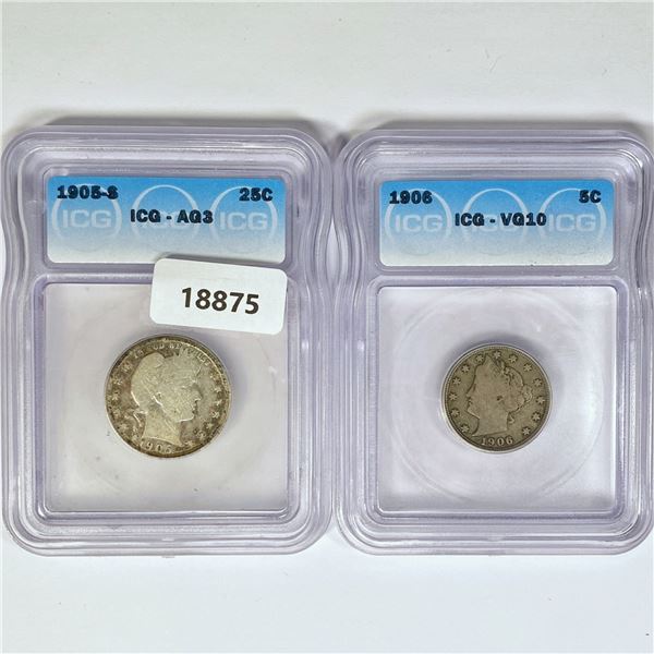 1905-S, 1906 (2) 25C Barber, 5C Victory ICG AG,