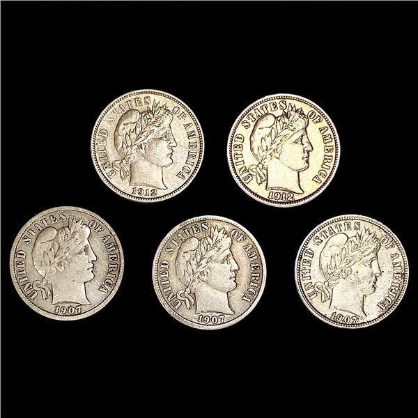 (5) Barber Dimes (1907, 1907-S, 1907-D, 1912-D, 1