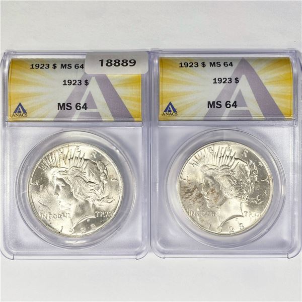 1923 Set (2) Silver Peace Dollar ANACS MS64