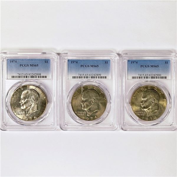 1974 Set (3) Eisenhower Silver Dollars PCGS MS65