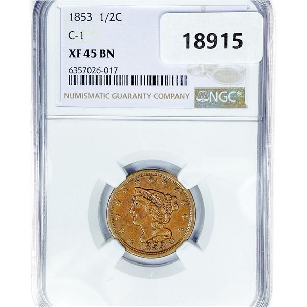 1853 Braided Hair Half Cent NGC XF45 BN, C-1