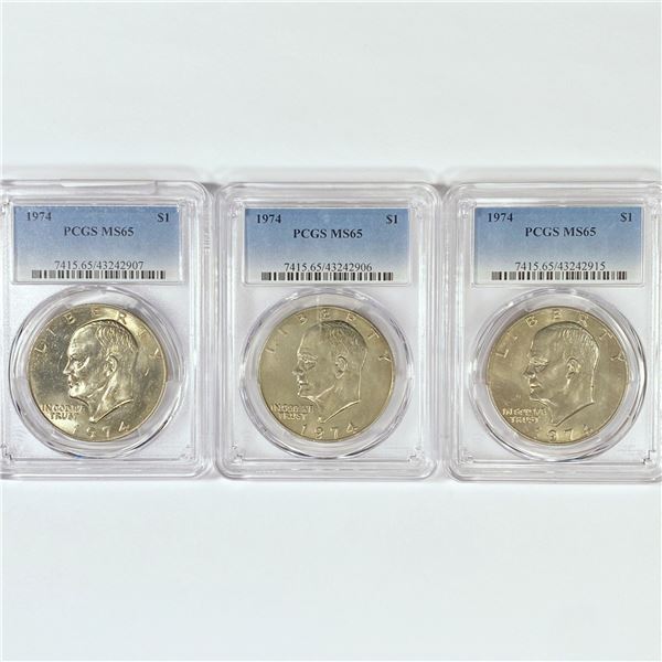 1974 Set (3) Eisenhower Silver Dollars PCGS MS65