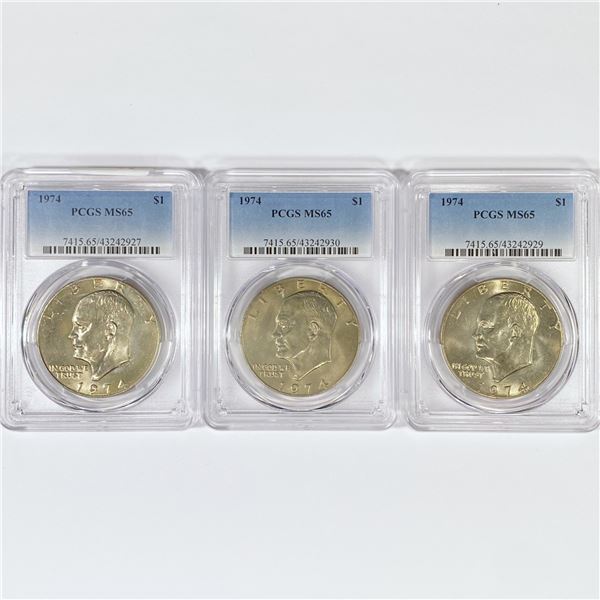 1974 Set (3) Eisenhower Silver Dollars PCGS MS65