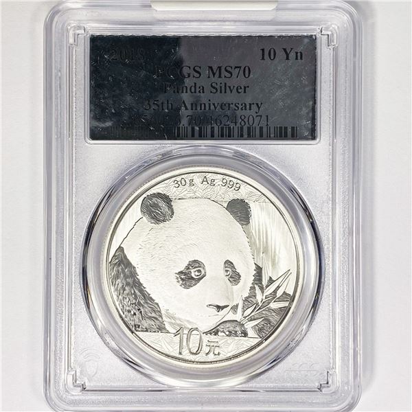 2018 10 Yn China Panda Silver PCGS MS70 35th Ann.