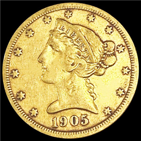 1905-S $5 Gold Half Eagle LIGHTLY CIRCULATED